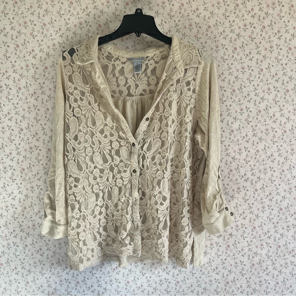 Catherines Beige Lace Button-Up Blouse